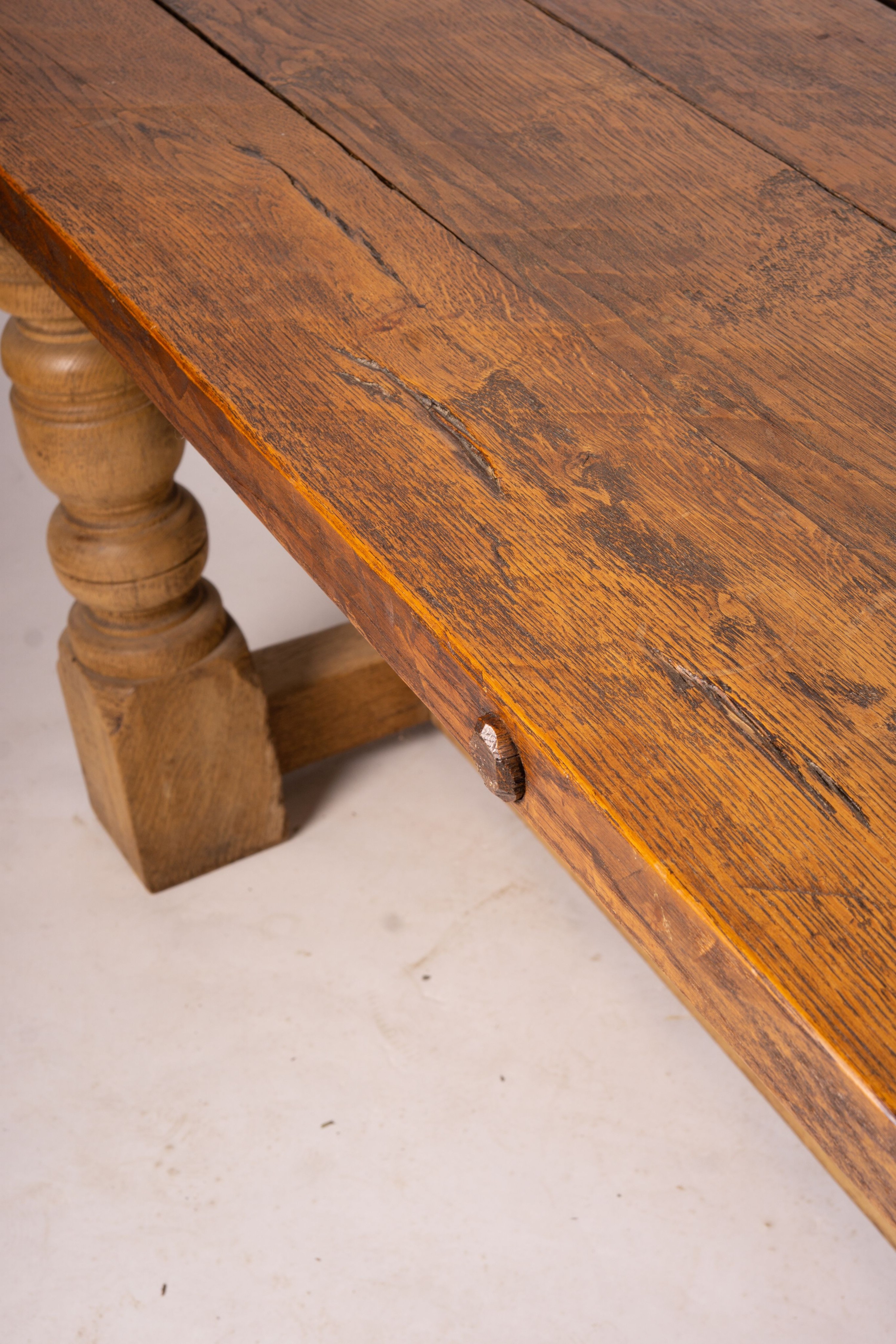 An 18th century style rectangular oak refectory dining table, length 238cm, depth 73cm, height 75cm